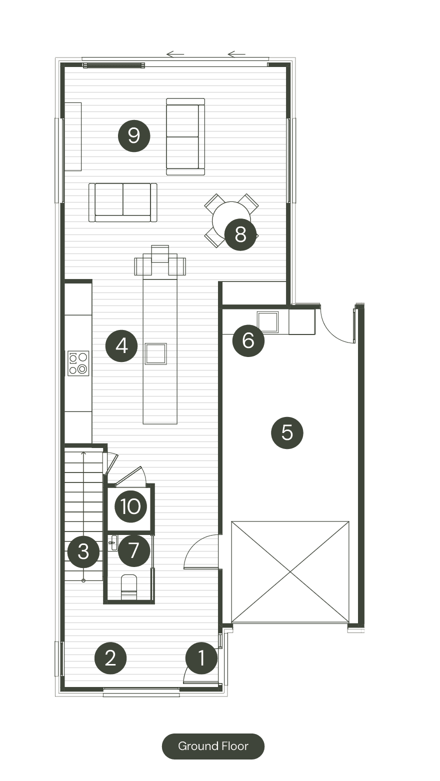 Residences 3–8 — Ground floor plan