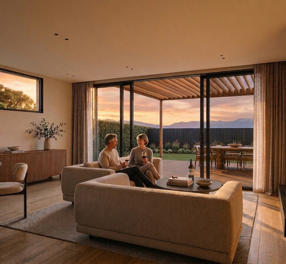 Evening outdoor living at The Terraces Mission Hills townhouse, Hawke's Bay
